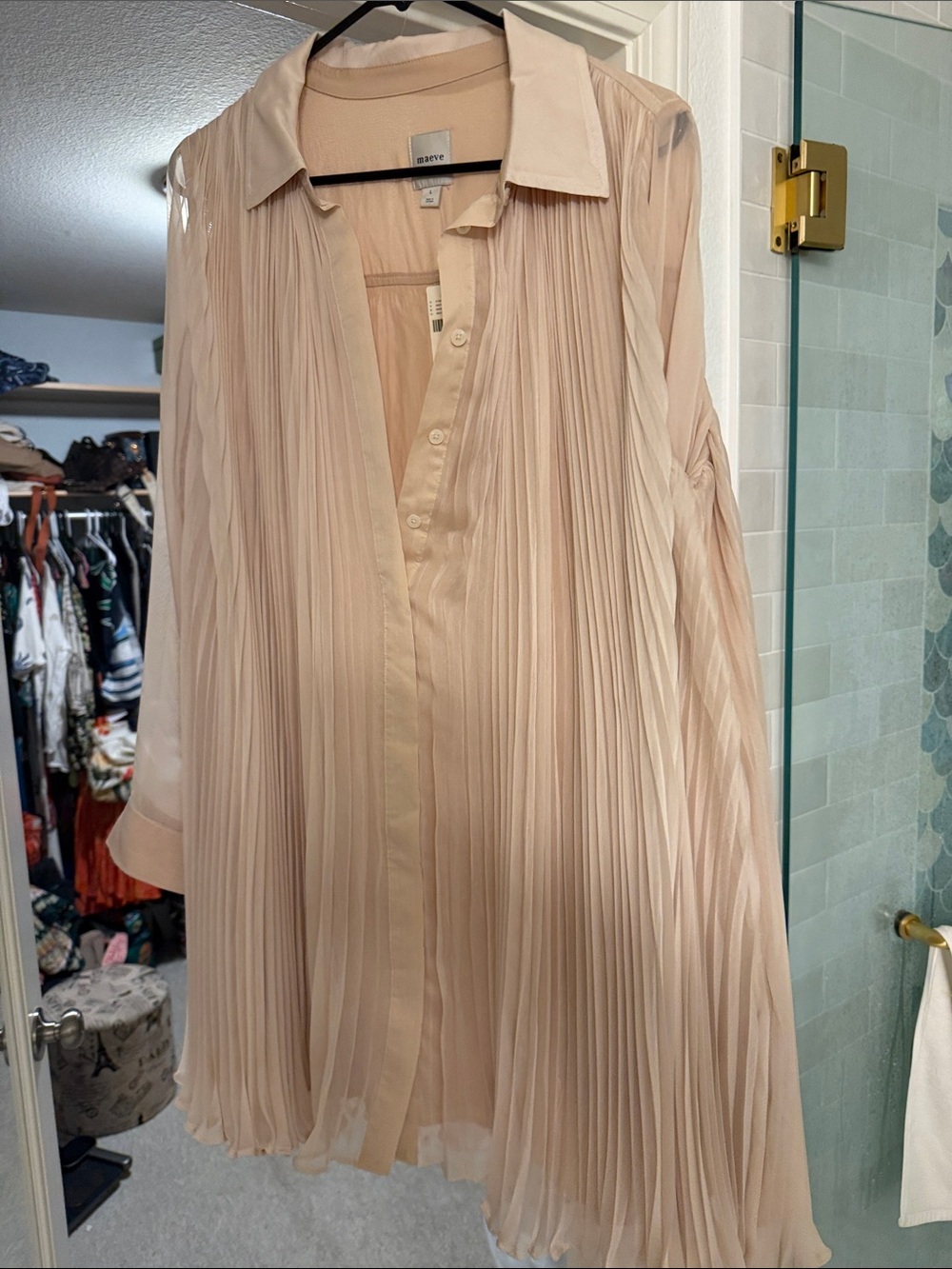 Maeve for Anthropologie Pleated Mini Shirt Dress  - Cream - large - Picture 5 of 8